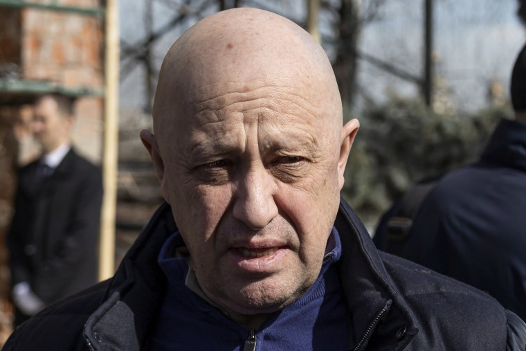 Yevgeny Prigozhin, the owner of the Wagner Group military company, at a funeral in Moscow on April 8, 2023.